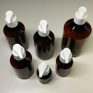 Pet fles zeeppomp, lotion pomp dispenser - Plastic fles amber bruin DIN28