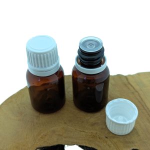 Pet flesje 15 ml amber druppeldop wit garantiesluiting din18 18/410