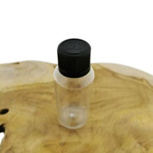 Pet flesje 50 ml transparant kindveilige dop zwart din18 18/410