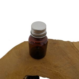 Amber bruin PET flesje 15ml met zilverkleurige aluminium schroefdop DIN18 18/410