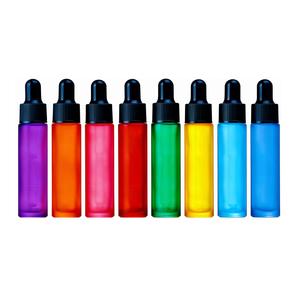 pipetflesjes-chakra-serie-10ml-set-8-stuks-zwarte-pipetdoppen-mat-gekleurd-glas Pipetflesjes Chakra Serie 10ml set van 8 stuks in regenboog kleuren met zwarte pipetdoppen