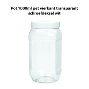 Pot 1000ml vierkant transparant PET schroefdeksel wit