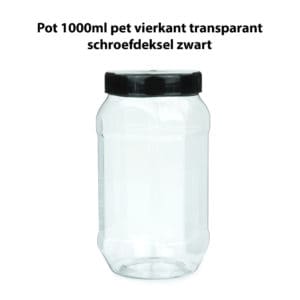 Pot 1000ml vierkant transparant PET schroefdeksel zwart