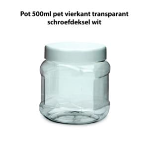Pot 500ml vierkant transparant PET schroefdeksel wit