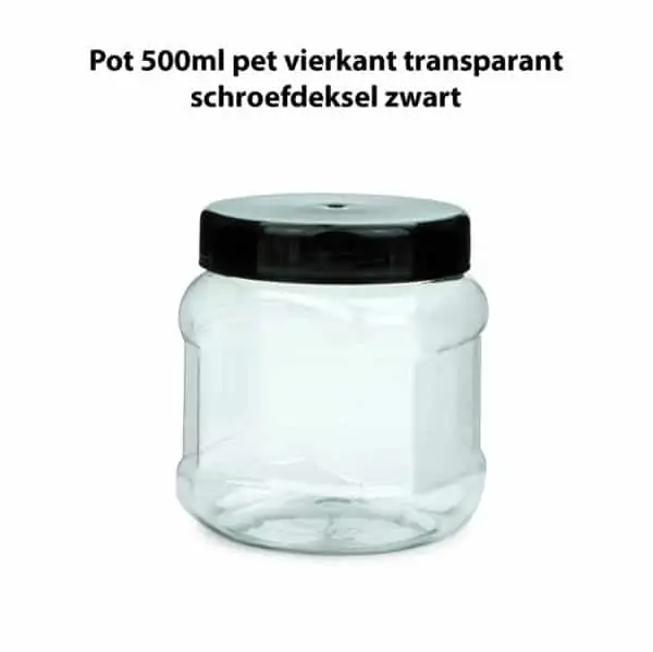 Pot 500ml vierkant transparant PET schroefdeksel zwart