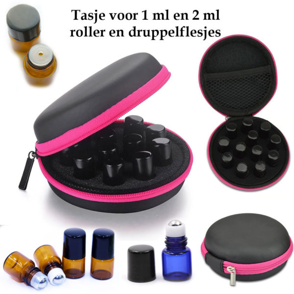 Reisetui tasje 12 flesjes 1 ml en 2 ml parfumrollers & druppelflesjes essentiële olie