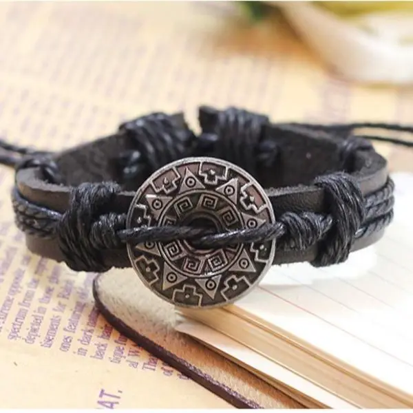 Retro Gothic Armband zwart leer henneptouw