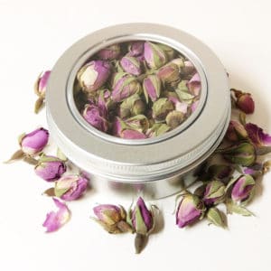 Rozenknopjes blikje 150 ml + kijkvenster - gedroogde bloemknoppen roze