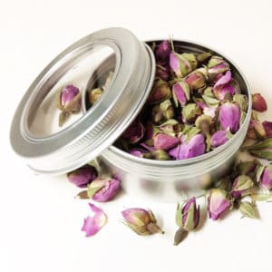 Rozenknopjes blikje 150 ml + kijkvenster gedroogde bloemknoppen roze