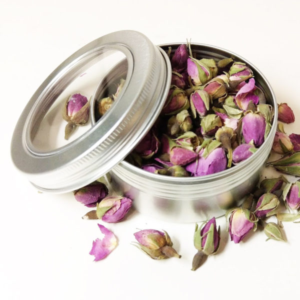 Rozenknopjes blikje 150 ml + kijkvenster gedroogde bloemknoppen roze