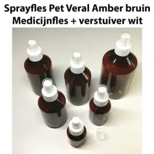 Sprayfles Pet Veral Amber bruin Medicijnfles + spray verstuiver wit