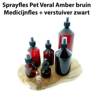 Sprayfles Pet Veral Amber bruin Medicijnfles + spray verstuiver zwart