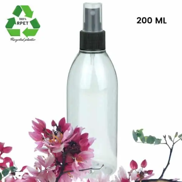 Sprayflesje 200ml rPET fles transparant verstuiver spraydop zwart